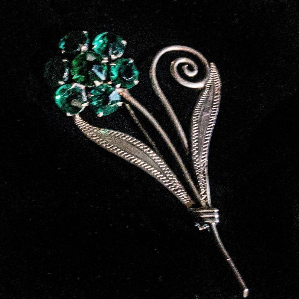 Vintage Floral Brooch Green Rhinestone Sterling Silver with Bar Pin Clasp